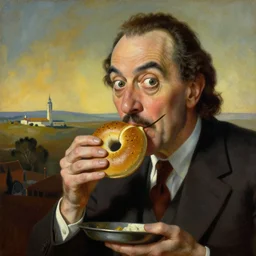 Larry David eating a bagel in the style of Salvador Dali, oil painting