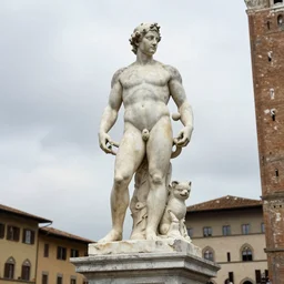 a marble statue of geodude located in the middle of an italian piazza, low angle, noon, soft light, cloudy day, professional statue, 4 k photograph, detailed