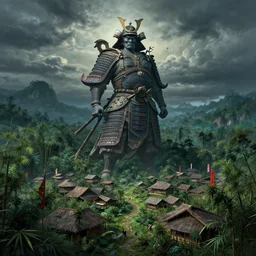 a gigantic standing haunted samurai guardian dominates a huge hidden bamboo village in the jungle, evening, ominous sky, flags, matte painting, craig mullins