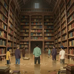 flooded ancient library, extremely detailed, sharp focus, wide view, full body shot, smooth, digital illustration, by craig mullins, james jean, by rossdraws, frank franzzeta, mcbess, sakimichan, brosmin, danton fadeev, steve simpson, alfred hitchcock mood, wes craven vibes