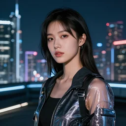 photographic portrait of a techwear woman, closeup, on the rooftop of a futuristic city at night, sigma 85mm f/1.4, 4k, depth of field, high resolution, full color