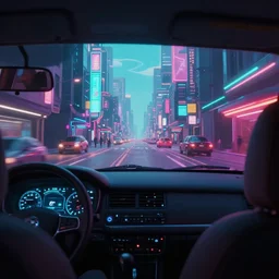 view from the front seat of the car to the futuristic street in synthwave style