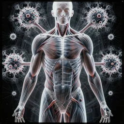 full frame human body with fractal microorganisms aura, fine details, symmetrical, fine details, muscles, veins, artery, 90's aesthetic, x-ray, noise film, photo
