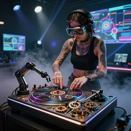 a tattooed woman wearing goggles and visor and headphones using an intricate clockwork record player turntable contraption, robot arms, turntablism dj scratching, intricate planetary gears, cinematic, sharp focus, led light strips, bokeh, iridescent, black light, fog machine, hazy, computer screens, lasers, spotlights, light trails, hyper color photograph, hologram