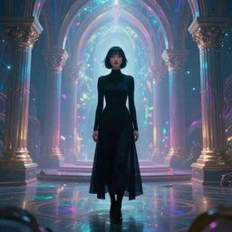 long Shot of psychedelic Black widow standing in mysterious chromatic astral temple  , stylish, lsd, soft, cinematic, artwork by Wong, Liam