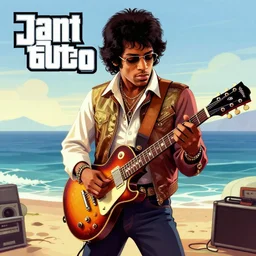 Jimi Hendrix playing his guitar on the oceanside in the style of gta V cover art, digital art, hyperdetailed, photorealistic, award winning, award winning lighting, award winning shading, drawn with luxury equipment, drawn on apple pen