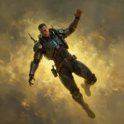 cyberpunk man floating at zero gravity in epic pose, atmospheric lighting, painted, intricate, golden hour, ultra detailed by peter gric, giger, enki bilal