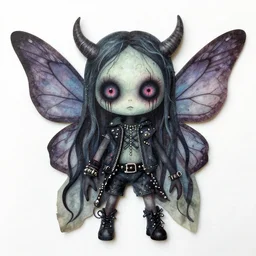 a pretty but sinister and creepy monster faery in layers of fear decoupage, with haunted eyes, wearing punk clothing, violence in his eyes, 1 9 7 0 s, seventies, delicate embellishments, a little blood, woodland, blue dawn light shining on wildflowers, painterly, offset printing technique, by walter popp, alexandre cabanel
