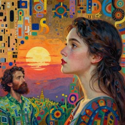 a beautiful girl watching the sunset surrounded by colourful intricate patterns, by gustave klimt edgar maxence and caravaggio and michael whelan, intricate painting, hyper realistic, extremely detailed and beautiful aesthetic face, 8 k resolution