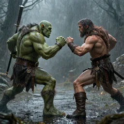 fantasy duel, orc and human fighting, cinematic long shot, rain, concept art by art by greg rutkowski and tyler jacobson and alphonse mucha, character art, detailed faces, wearing boots, hyperrealistic