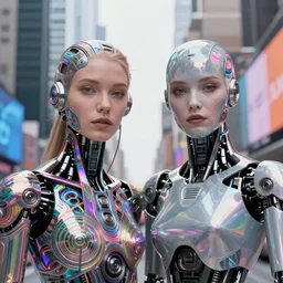 two robot, v - j day in times square, female face, cyberpunk cyborg, sci - fi, intricate abstract upper body intricate artwork, by tooth wu, wlop, beeple, dan mumford. concept art, octane render, deviantart, greg rutkowski, cinematic arthouse, key art, hyper realism, iridescent accents