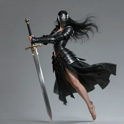 female vampire warrior wields a large greatsword with both hands, full portrait, lean and muscular, flying, barefoot, exposed toes, black heavy armor, historical armor, metal mask, enchanting, elegant, in the style of ghostblade, wlop, modern fantasy, realistic proportions.