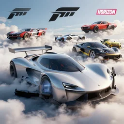 concept vehicle in forza horizon, gta, split second, wreckfest, flatout, onrush, and motorstorm. art by filip hodas and artgerm. clouds by rhads. 3 d render, surrealism, hyperrealism.