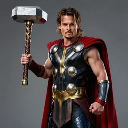 johnny depp as thor wielding mjolnir, naturel, hyper detailed, digital art, trending in artstation, cinematic lighting, studio quality, smooth render, unreal engine 5 rendered, octane rendered, art style by klimt and nixeu and ian sprigger and wlop and krenz cushart