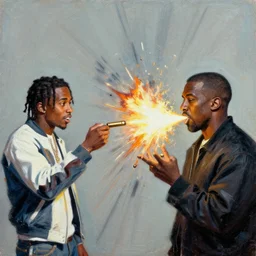 playboi carti and kanye west, muzzle flare, head exploding, bullet line, painting by phil hale, francisco goya,'action lines '!!!, graphic style, visible brushstrokes, motion blur, blurry, hd image