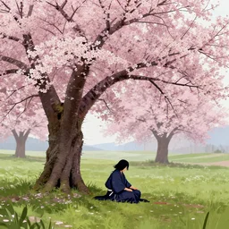 A lone samurai sitting in a field of cherry blossom trees, decayed, glitch art concept art, HD —H 1024
