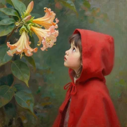 oil painting of little red riding hood gazing up at brugmansia suaveolens flowers