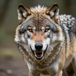 a wolf, scars, sharp teeth, intimidating, realistic, 8k, detailed!!