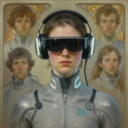 future coder looking on, compact cyclops visor over eyes and sleek neon headphoneset, space station skinny uniform electric lights, desaturated headshot portrait painting by dean cornwall, ilya repin, rhads, tom whalen, alex grey, alphonse mucha, donoto giancola, astronaut cyberpunk electric fashion photography
