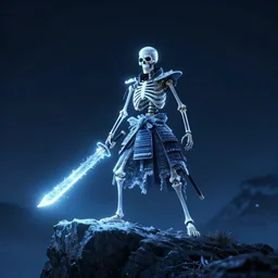 a skeleton samurai, standing on the edge of a cliff holding a glowing sword of ice, at midnight, cinematic shot, cinematic lighting, volumetric lighting, 8k, digital art, trending on artstation, vray, ray tracing