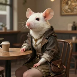 photography of a female anthropomorphic albino rat fursona wearing hipster clothes sitting in a coffee shop, deep focus, d & d, fantasy, intricate, elegant, highly detailed, digital painting, artstation, concept art, matte, sharp focus, illustration, hearthstone, art by artgerm and greg rutkowski and alphonse mucha