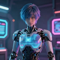 japanese model cyborg with digital led panel skin, neon lighting, techno neon projector background, akihiko yoshida style, portrait photo, intricate details, ultra realistic, unreal engine 5, depth of field, bokeh, octane render