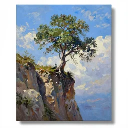 a tree growing out of the side of a cliff, blue sky with clouds, beautiful painting, oil on canvas, by ewa czarniecka, award winning masterpiece,