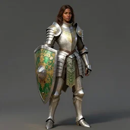 full body portrait of a rugged female warrior dark skin medium length brown hair and a very highly detailed face wearing elegant white, green and gold plate mail armor intricately painted, holding a huge shield, very highly detailed, artstation, realistic character concept art, sharp focus, by greg rutkowski, and alphonse mucha