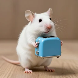 a white mouse carrying a small blue toaster in its arms