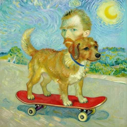 a dog on a red skateboard by vincent van gogh