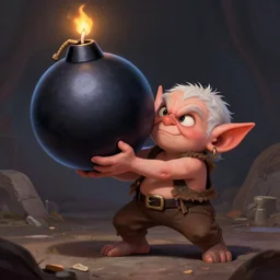 digital paintingof a goblin clutching a massive cartoon bomb with a lit fuse, trending on artstation