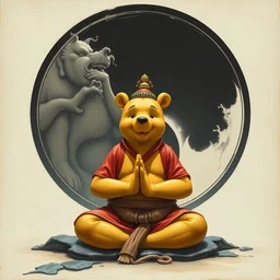 full character of an ancient chinese winnie the pooh meditating in the lotus position in front of the yin yang symbol, character design, painting by gaston bussiere, katsuya terada, nc wyeth, greg rutkowski, craig mullins, vermeer, frank frazetta, mucha, tom of finland, trending on artstation, jeffery catherine jones