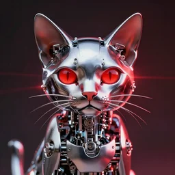 Still of a mechanical chrome metallic cat with glowing red eyes staring at the camera, red lens flare