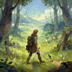 man wanderer on the pass, in a magical land, with sword and faithful bird, by nuri iyem, james gurney, james jean, greg rutkowski, anato finnstark