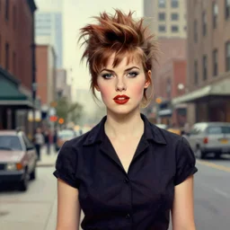 norman rockwell style!!! portrait! of a lovely young punk woman!! romantic, mid century, city in the background!!!