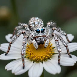 super macro of a diamond spider with big eyes sitting on a flower, in the forest. fantasy magic style. highly detailed 8 k. intricate. nikon d 8 5 0 3 0 0 mm. award winning photography.