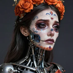 beautiful crying female android! deity, ( mechanical ), intricate, elegant, super highly detailed, digital painting, ( el dia los muertos ), concept art, smooth, sharp focus, unreal engine 5, photorealism, hd, 8 k, beautiful, cinematic, art by angus mckie, moebius!, rutkowski, mucha, loish, wlop