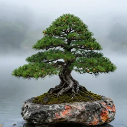 fhoto bonsai fir on a small rough rock with shades of edges in lake, fog, medium shot, volumetric lighting, beautiful, sharp focus, ultra detailed, cgsociety by leesha hannigan, ross tran, thierry doizon, kai carpenter, ignacio fernandez rios, noir art house, 4 k, 3 5 mm, fujifilm