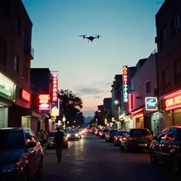 cinestill 8 0 0 t photograph of a neon lit - african urban street with flying drones,