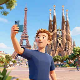 3 d low poly mark zuckerberg taking a selfie in front of the eiffel tower and the sagrada familia, 3 d render