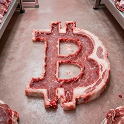 bitcoin shape carved out from raw meat on butchery floor, real photo