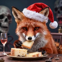 A Detailed Award Winning Masterpiece, trending on artstation, 4k, of a fox wearing a santa hat, eating a cheese platter hell hell death murder horror