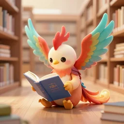 small cute phoenix reads a book in a library raytracing