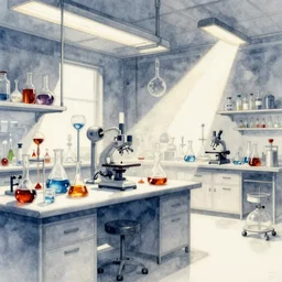 cyberpunk chemistry laboratory, intricate watercolor painting by greg rutkowski, trending on pixiv