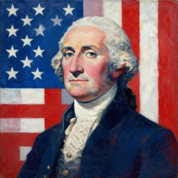 textured art deco painting of george washington, geometric, red white blue stars and stripes background