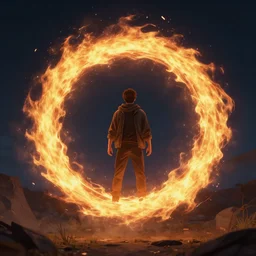 a man inside a magical ring of fire, artstation