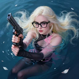 abeautiful + blonde + dragon queen + white hair + cool black glasses + holding pistol + tights + lily collins + black pink + lisa, floating under the deep dream water, beautiful smooth soft light + white petal, oil paint, cinematic lighting, octane render, unreal engine 5, closeup, 4 k, highly detailed, instagram,