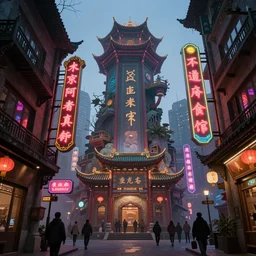 old chinatown that never sleeps, neon lights, mythology, fairy tale, urban landscape, evening, highly detailed, low angle view, artstation, in the style of aetherpunk