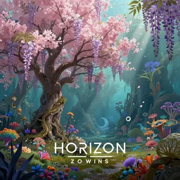 a cherry tree and wisteria forest underwater in horizon zero dawn 2, rainbow corals and foliage, god rays, d & d, fantasy, intricate, elegant, highly detailed, digital painting, artstation, concept art, matte, sharp focus, illustration, hearthstone, art by bouguereau and greg rutkowski and ruan jia and conrad roset and bierstadt.