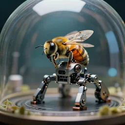 a tiny microsize mechanical robotic bee that is a robot, biodome environment, biotechnology, photo, national geographic, deep depth field, masterpiece, cinematic composition, hyper - detailed, hd, 4 k